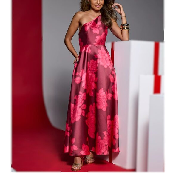 NWOT $250 BOSTON PROPER ONE SHOULDER ROSE PRINT GOWN DRESS IN PINK MULTI SIZE 6